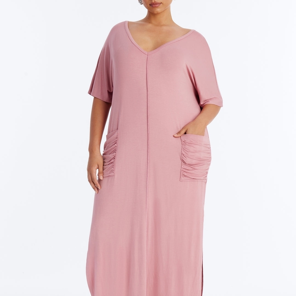 Fashion Nova Blush Pink Maxi Dress with Ruched Pockets